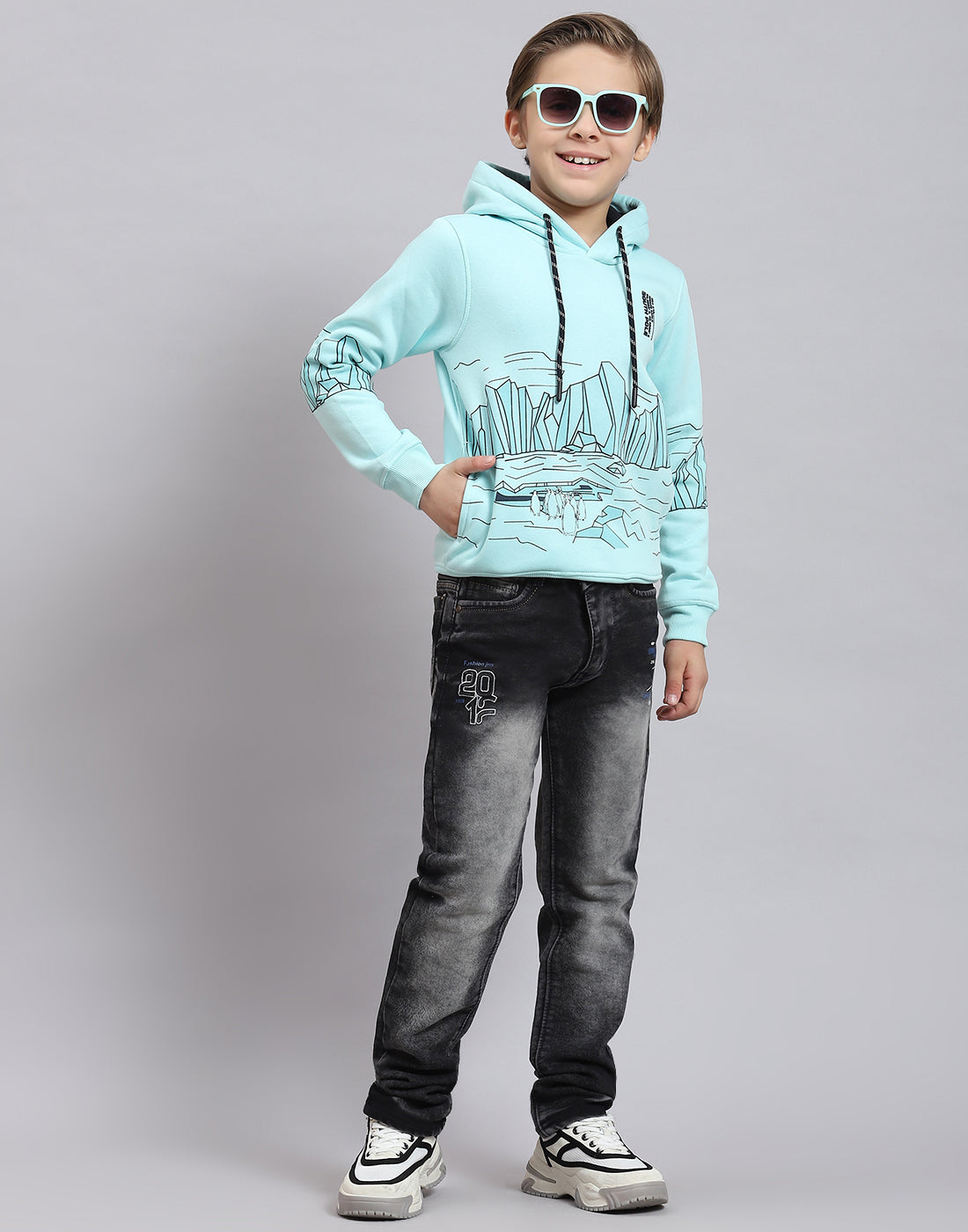 Boys Aqua Blue Printed Hooded Full Sleeve Sweatshirt