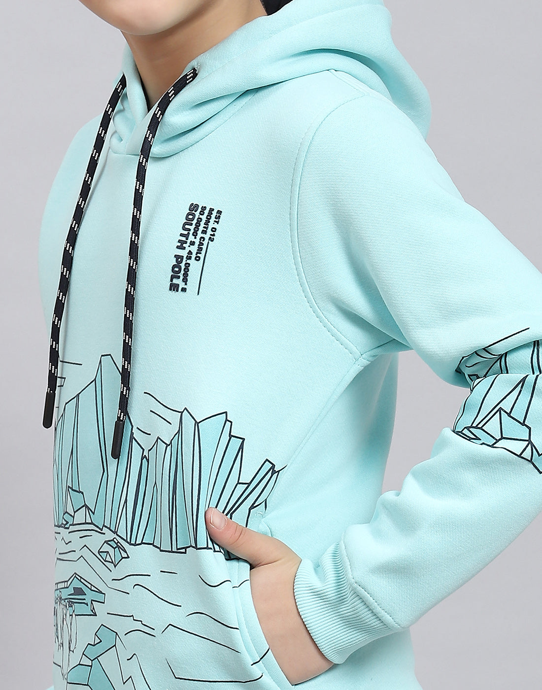 Boys Aqua Blue Printed Hooded Full Sleeve Sweatshirt