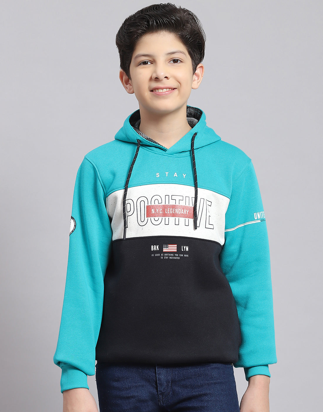 Boys Turquoise Blue Printed Hooded Full Sleeve Sweatshirt