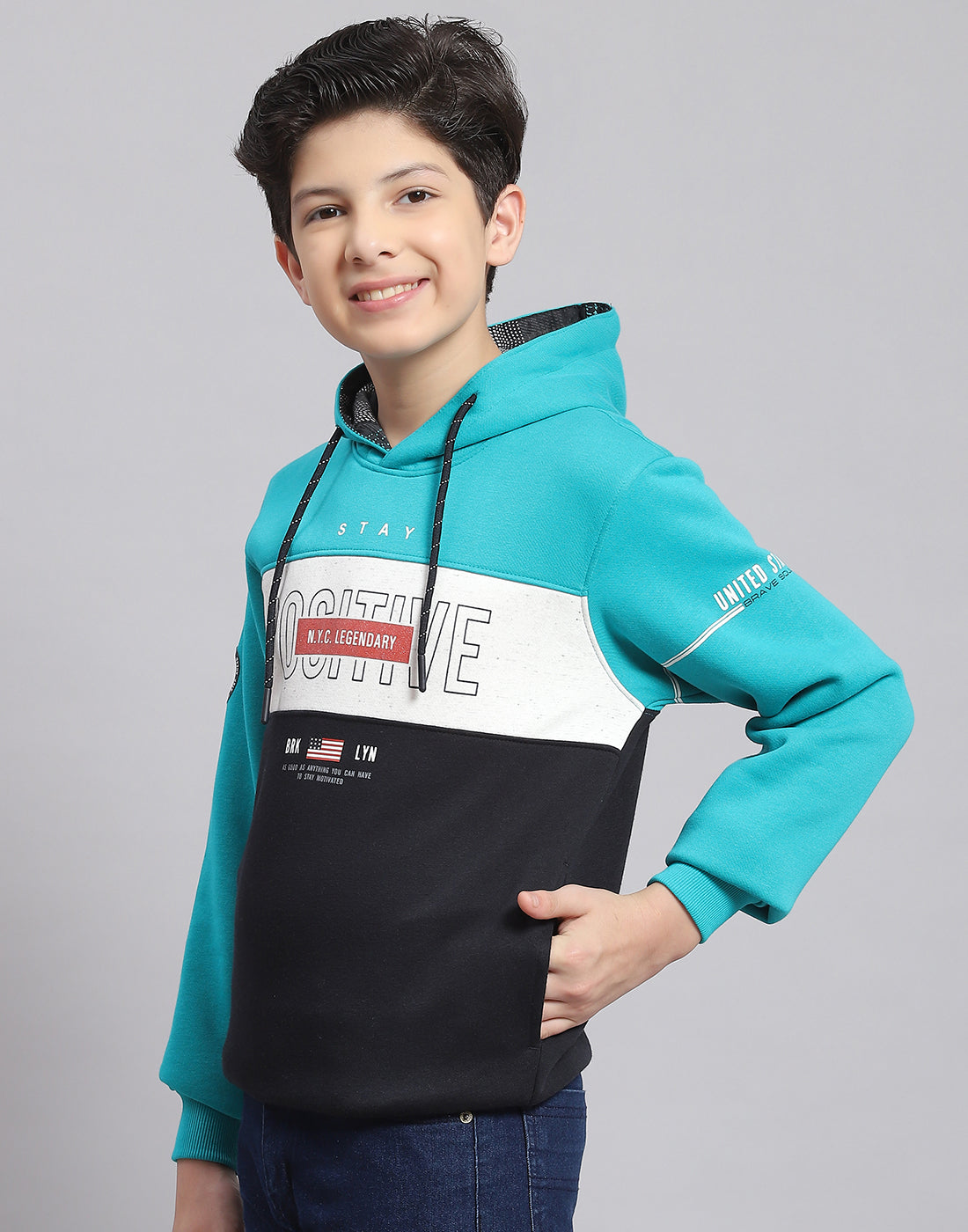 Boys Turquoise Blue Printed Hooded Full Sleeve Sweatshirt