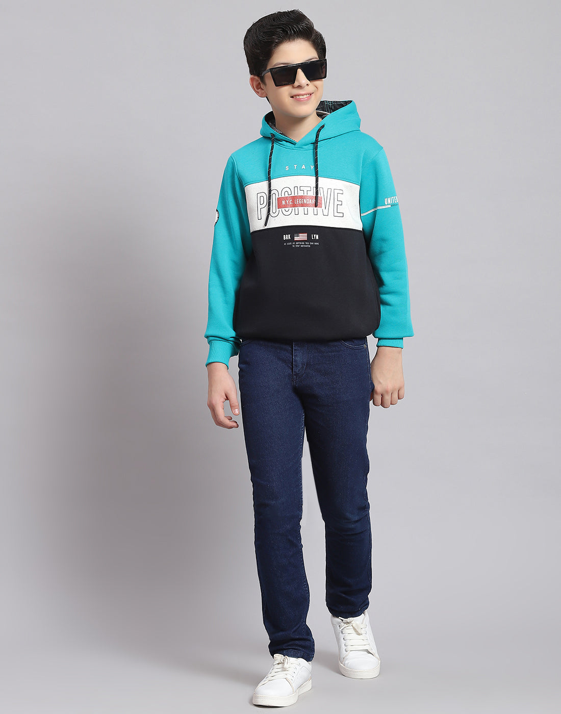 Boys Turquoise Blue Printed Hooded Full Sleeve Sweatshirt