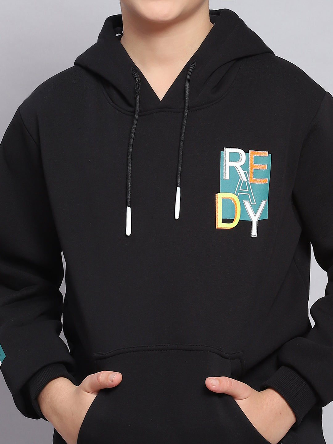 Boys Black Printed Hooded Full Sleeve Sweatshirt