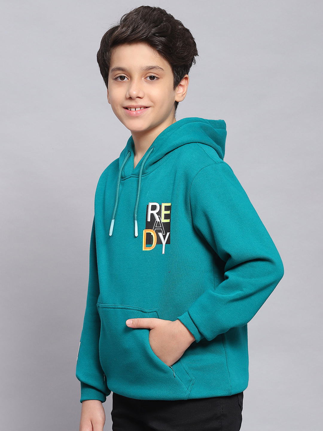 Boys Teal Blue Printed Hooded Full Sleeve Sweatshirt