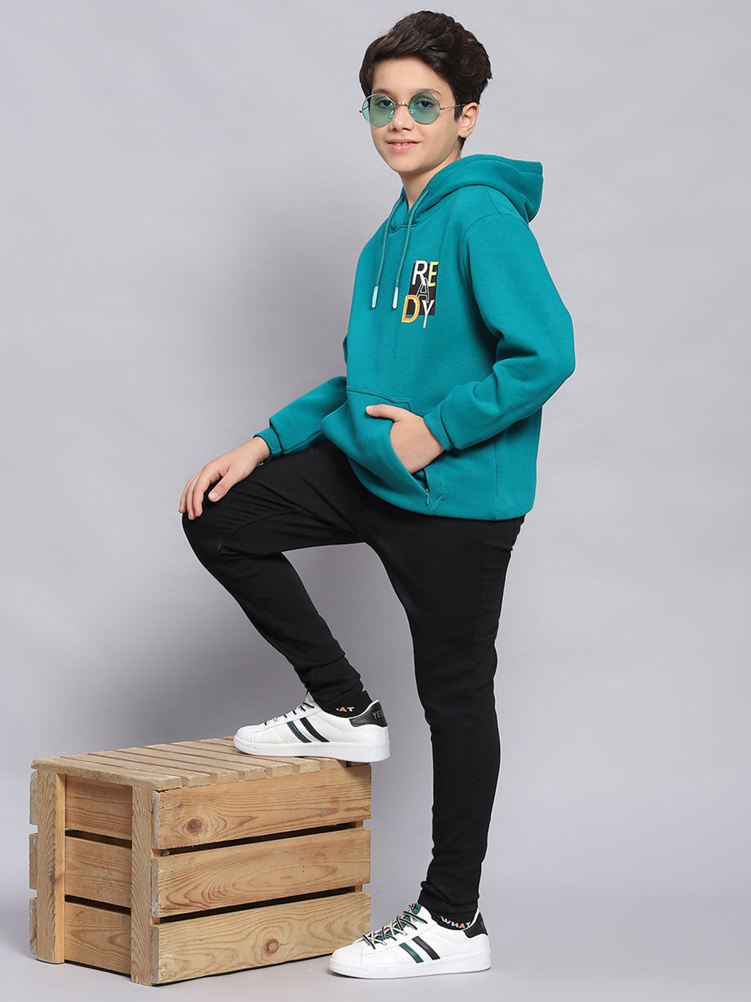 Boys Teal Blue Printed Hooded Full Sleeve Sweatshirt