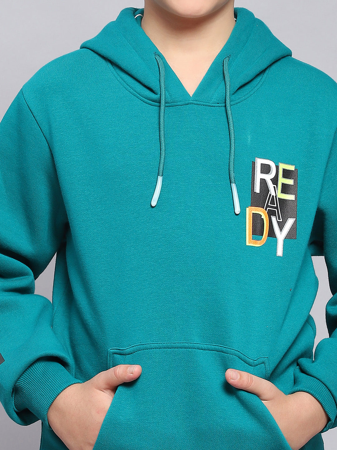 Boys Teal Blue Printed Hooded Full Sleeve Sweatshirt