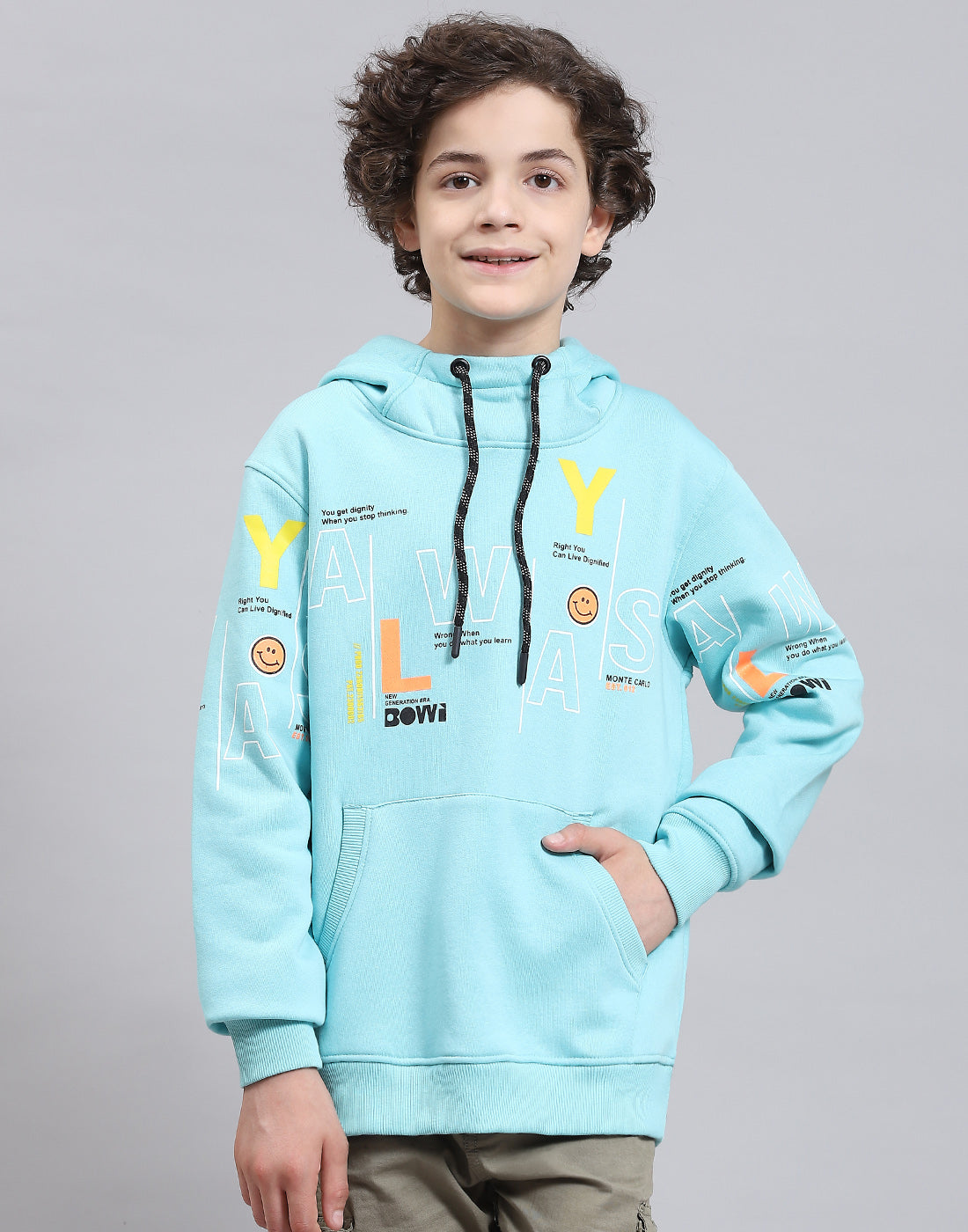 Boys Aqua Blue Printed Round Neck Full Sleeve Sweatshirt
