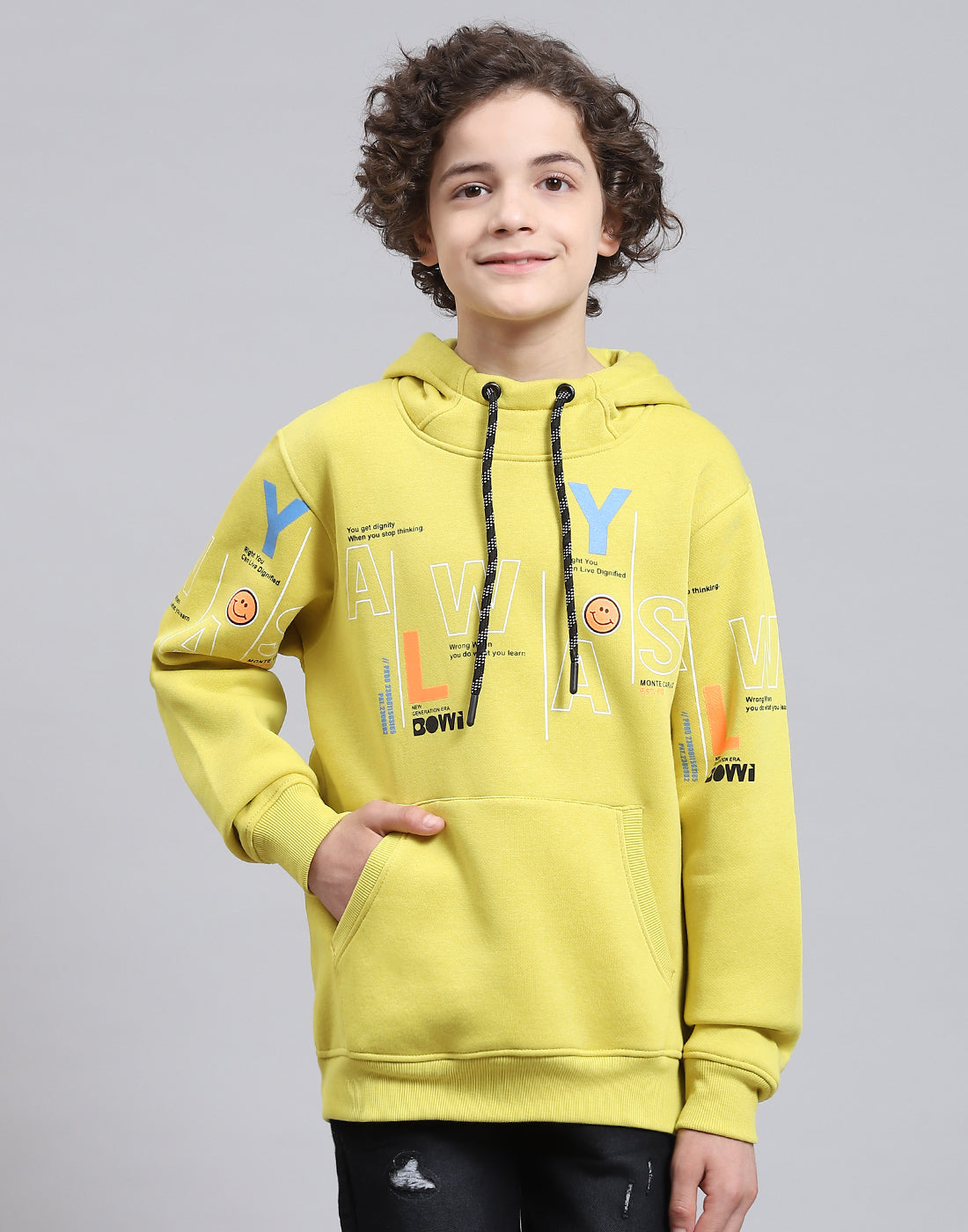 Boys Yellow Printed Round Neck Full Sleeve Sweatshirt