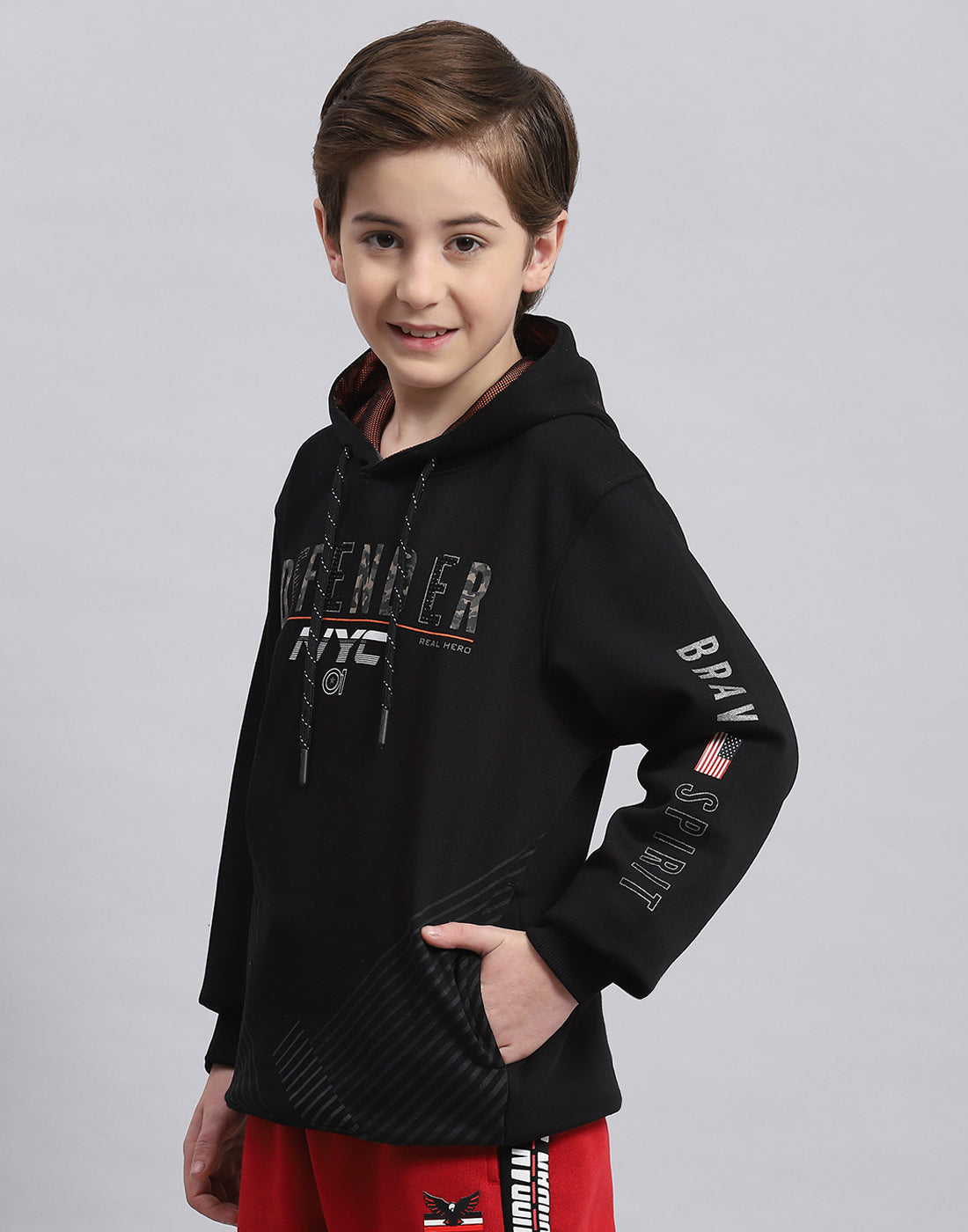 Boys Black Printed Hooded Full Sleeve Sweatshirt