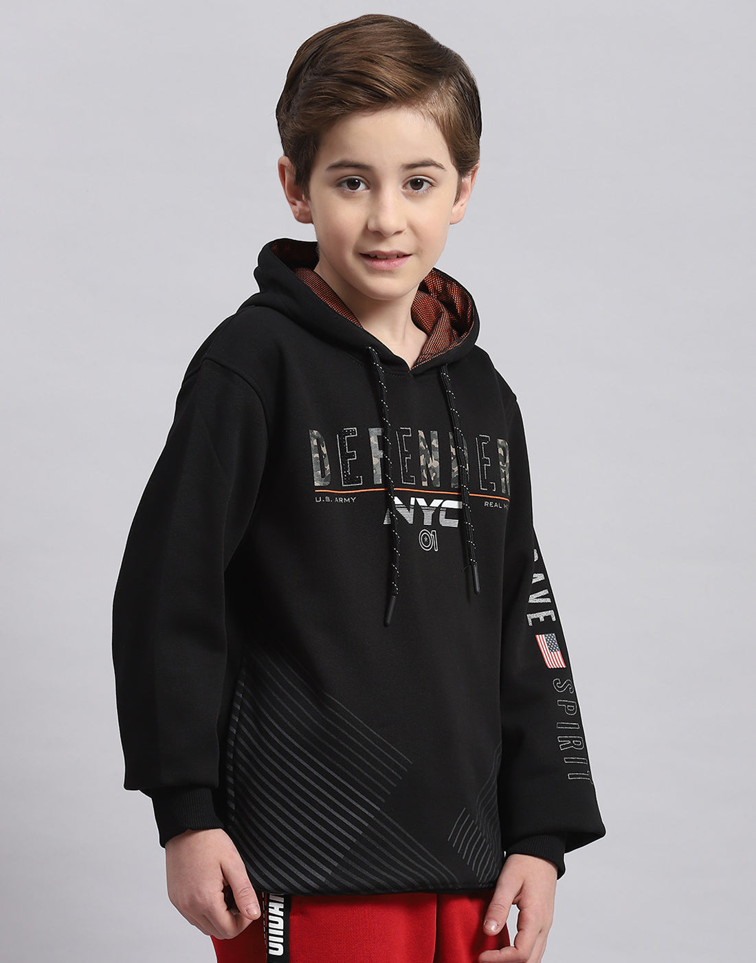 Boys Black Printed Hooded Full Sleeve Sweatshirt