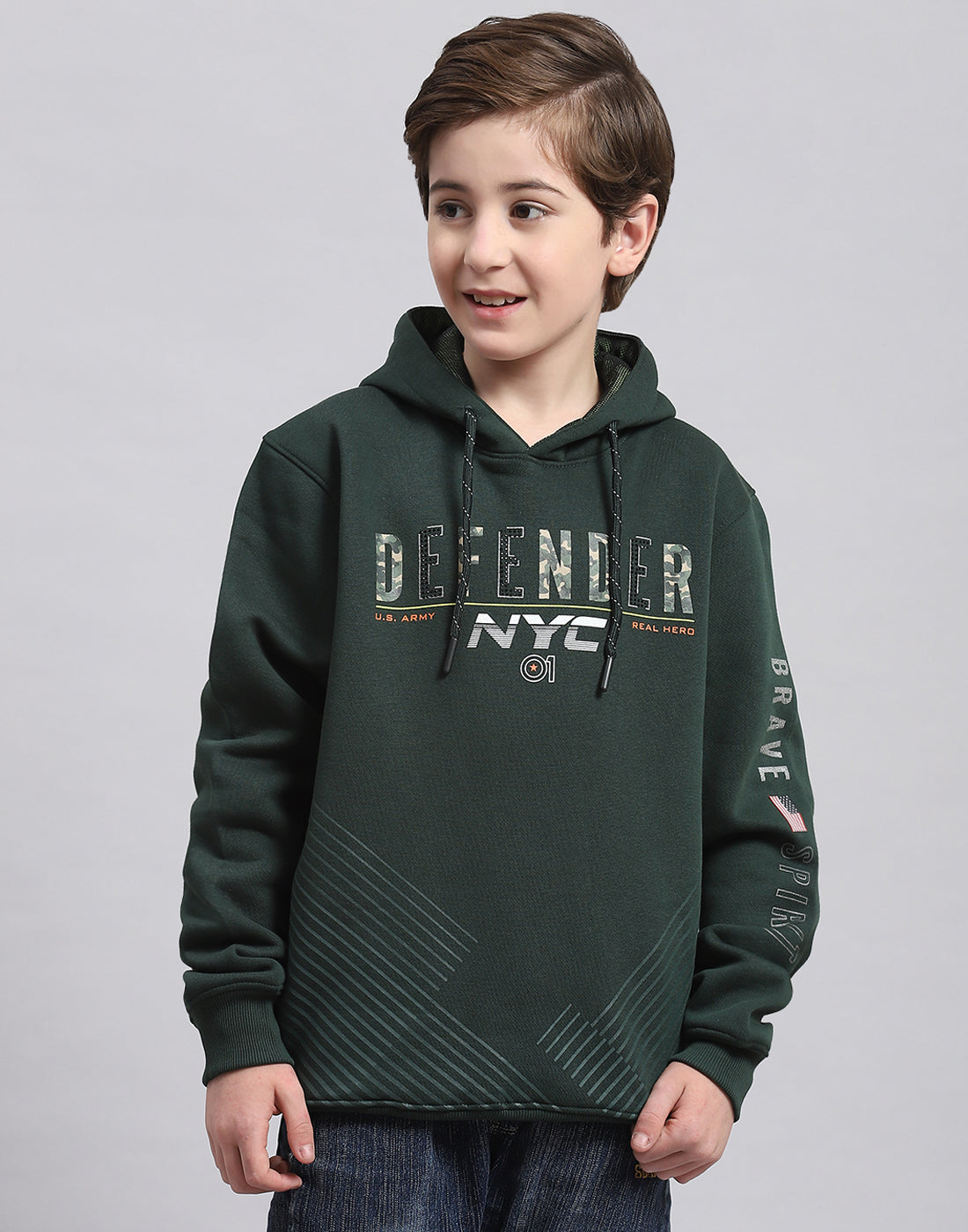 Boys Green Printed Hooded Full Sleeve Sweatshirt