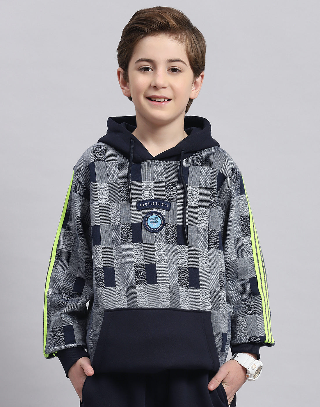 Boys Navy Blue Self Design Hooded Full Sleeve Sweatshirt