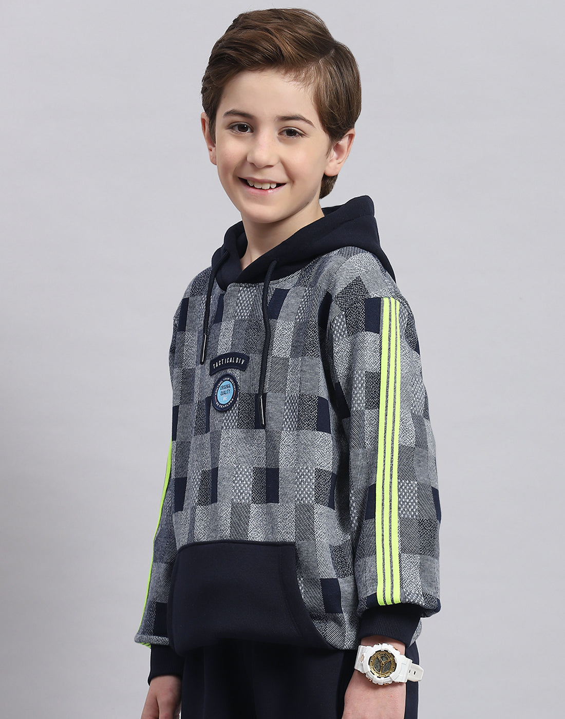 Boys Navy Blue Self Design Hooded Full Sleeve Sweatshirt
