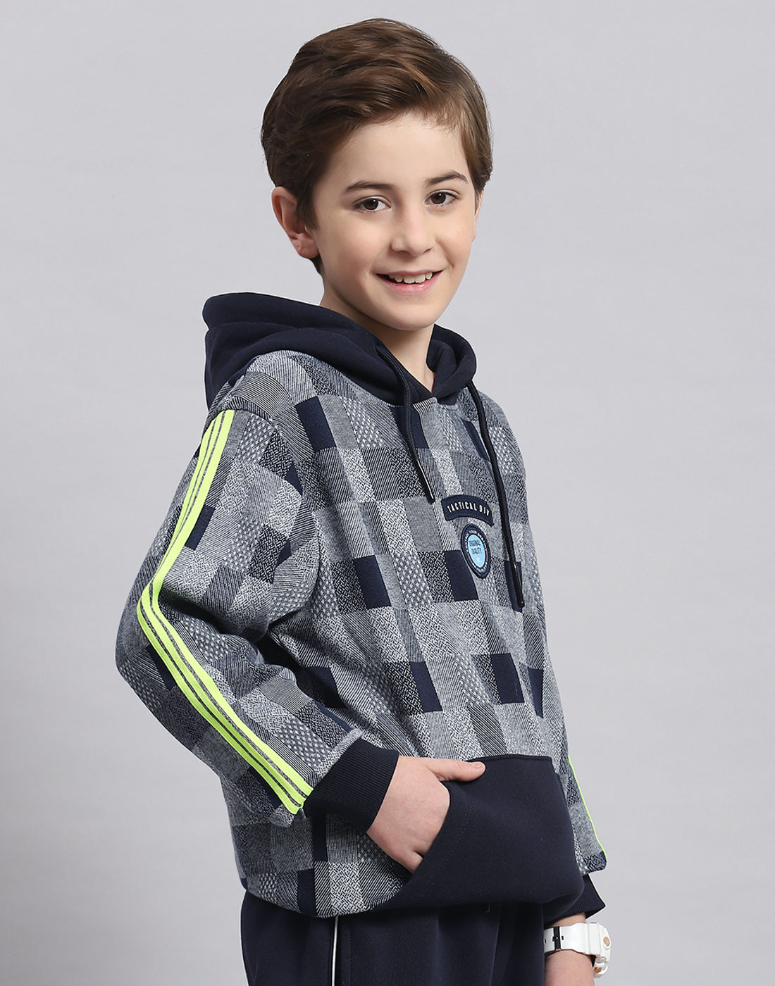 Boys Navy Blue Self Design Hooded Full Sleeve Sweatshirt