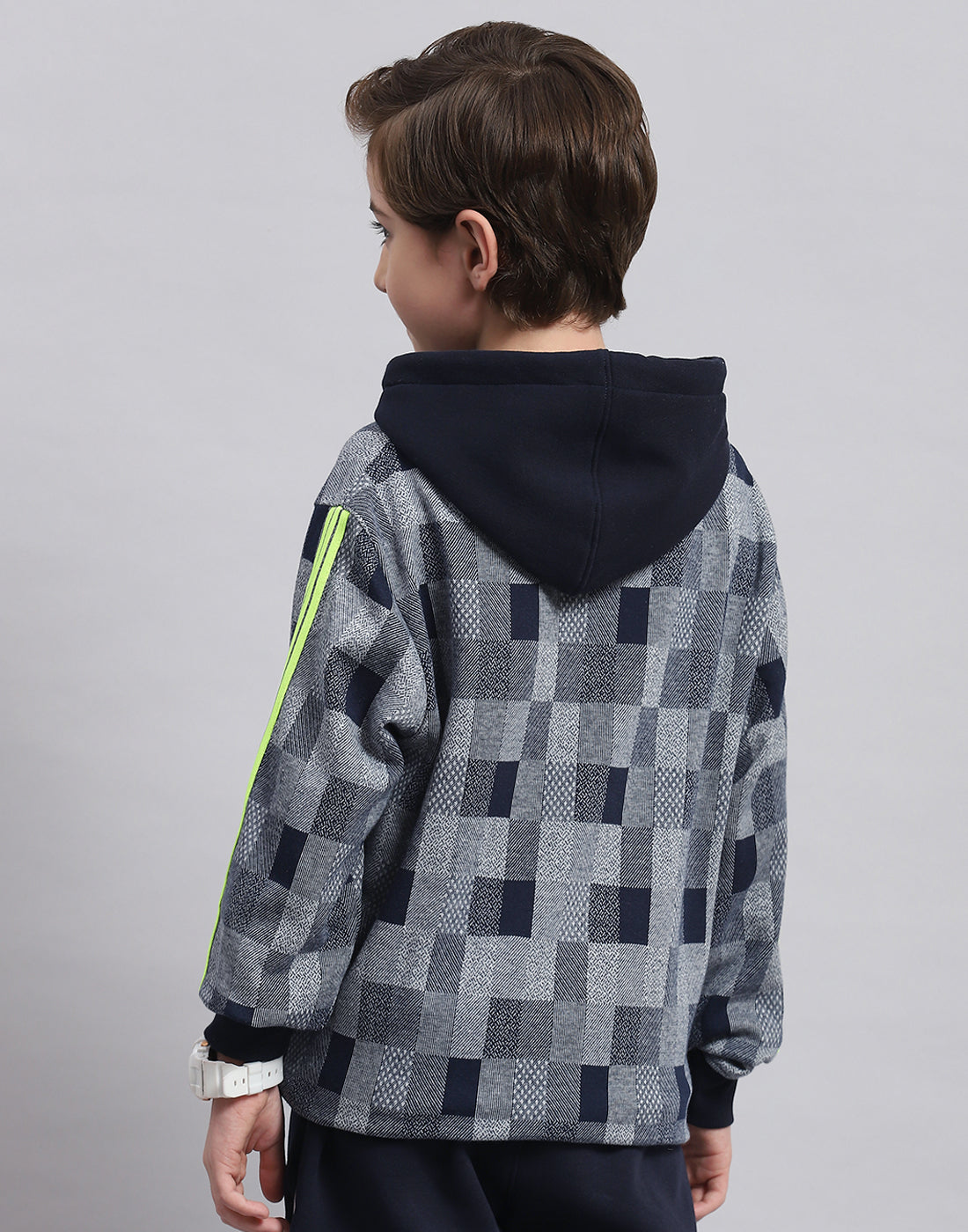 Boys Navy Blue Self Design Hooded Full Sleeve Sweatshirt