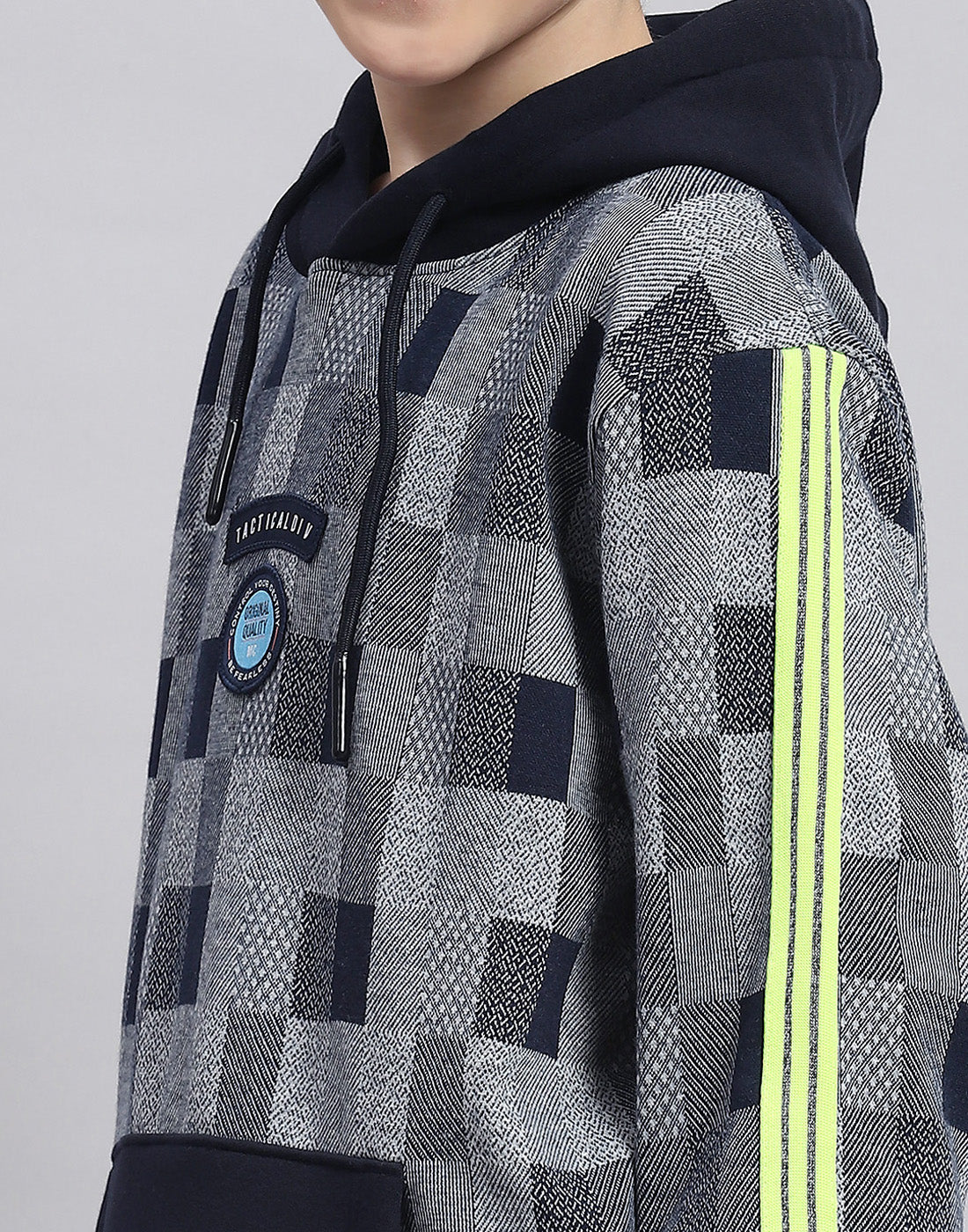 Boys Navy Blue Self Design Hooded Full Sleeve Sweatshirt