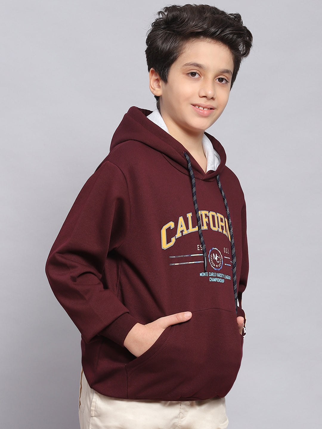 Boys Maroon Printed Hooded Full Sleeve Sweatshirt
