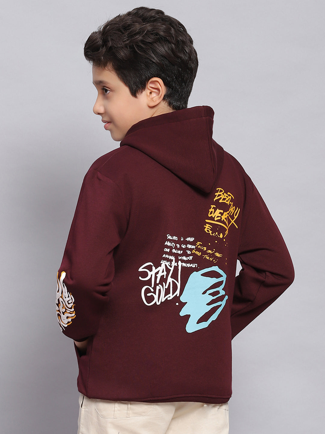 Boys Maroon Printed Hooded Full Sleeve Sweatshirt