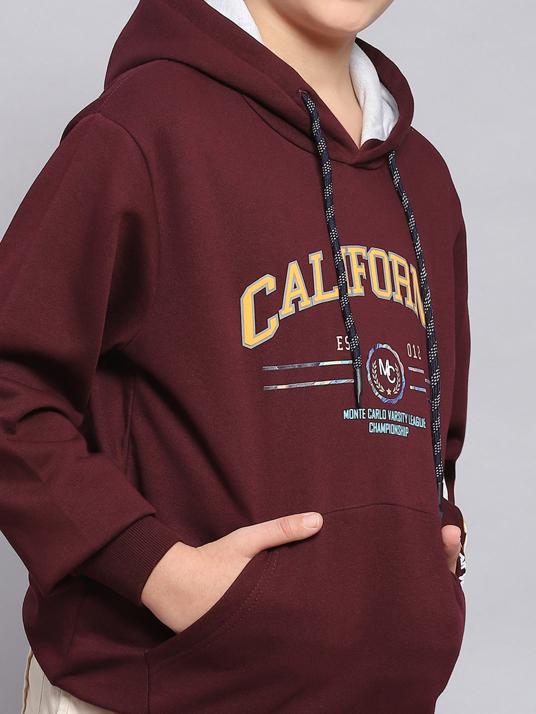Boys Maroon Printed Hooded Full Sleeve Sweatshirt