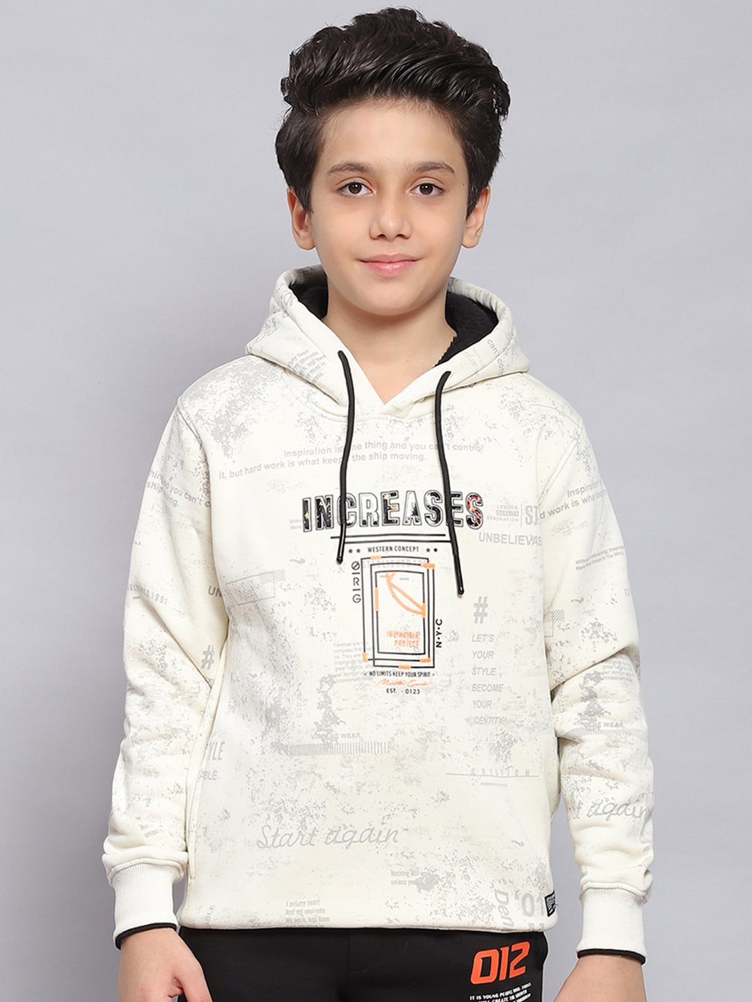 Boys White Printed Hooded Full Sleeve Sweatshirt