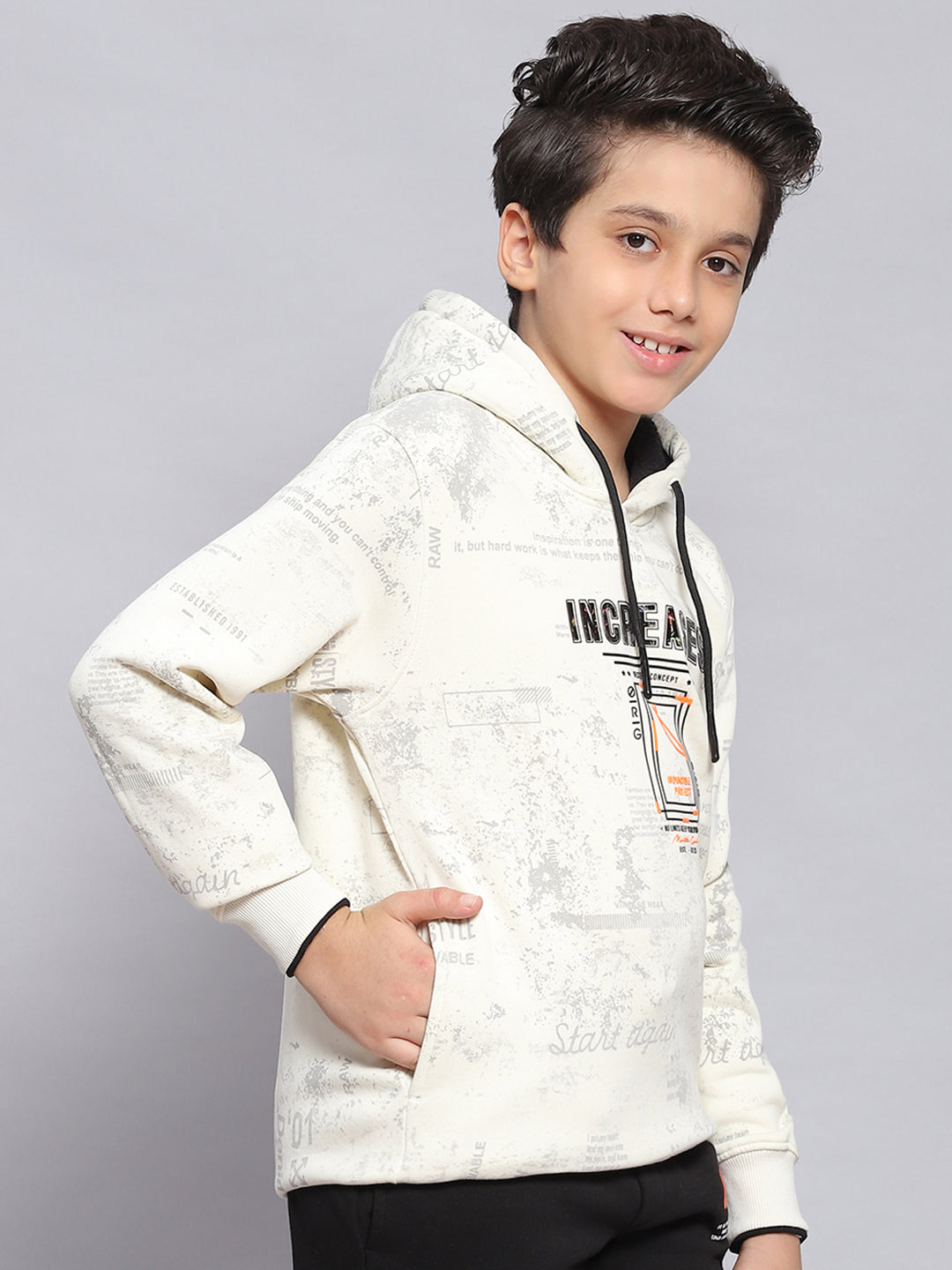Boys White Printed Hooded Full Sleeve Sweatshirt