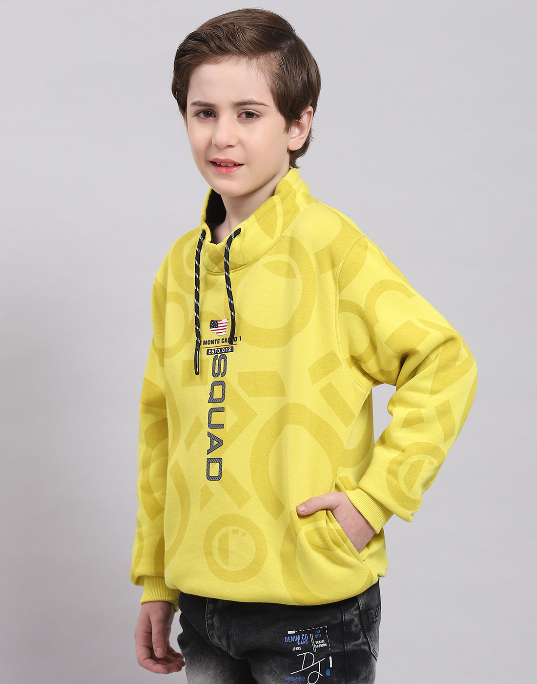 Boys Yellow Printed F Neck Full Sleeve Sweatshirt