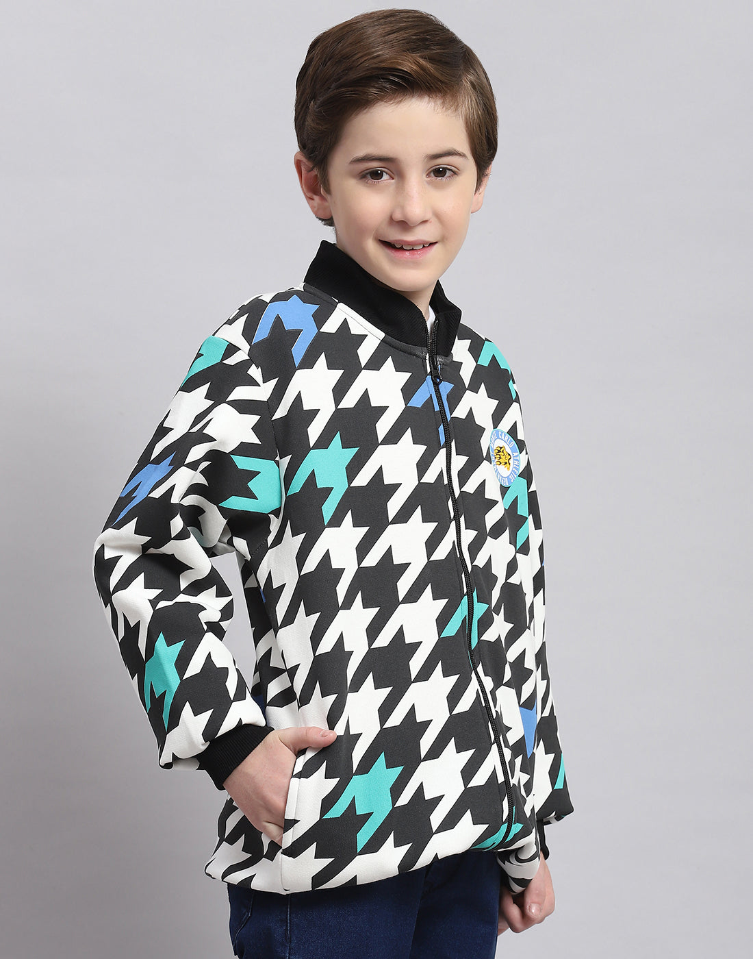 Boys Black Printed Stand Collar Full Sleeve Sweatshirt