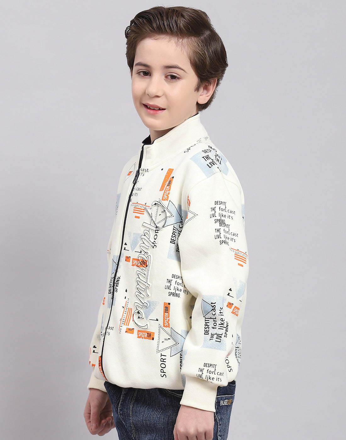 Boys Off White Printed Stand Collar Full Sleeve Sweatshirt