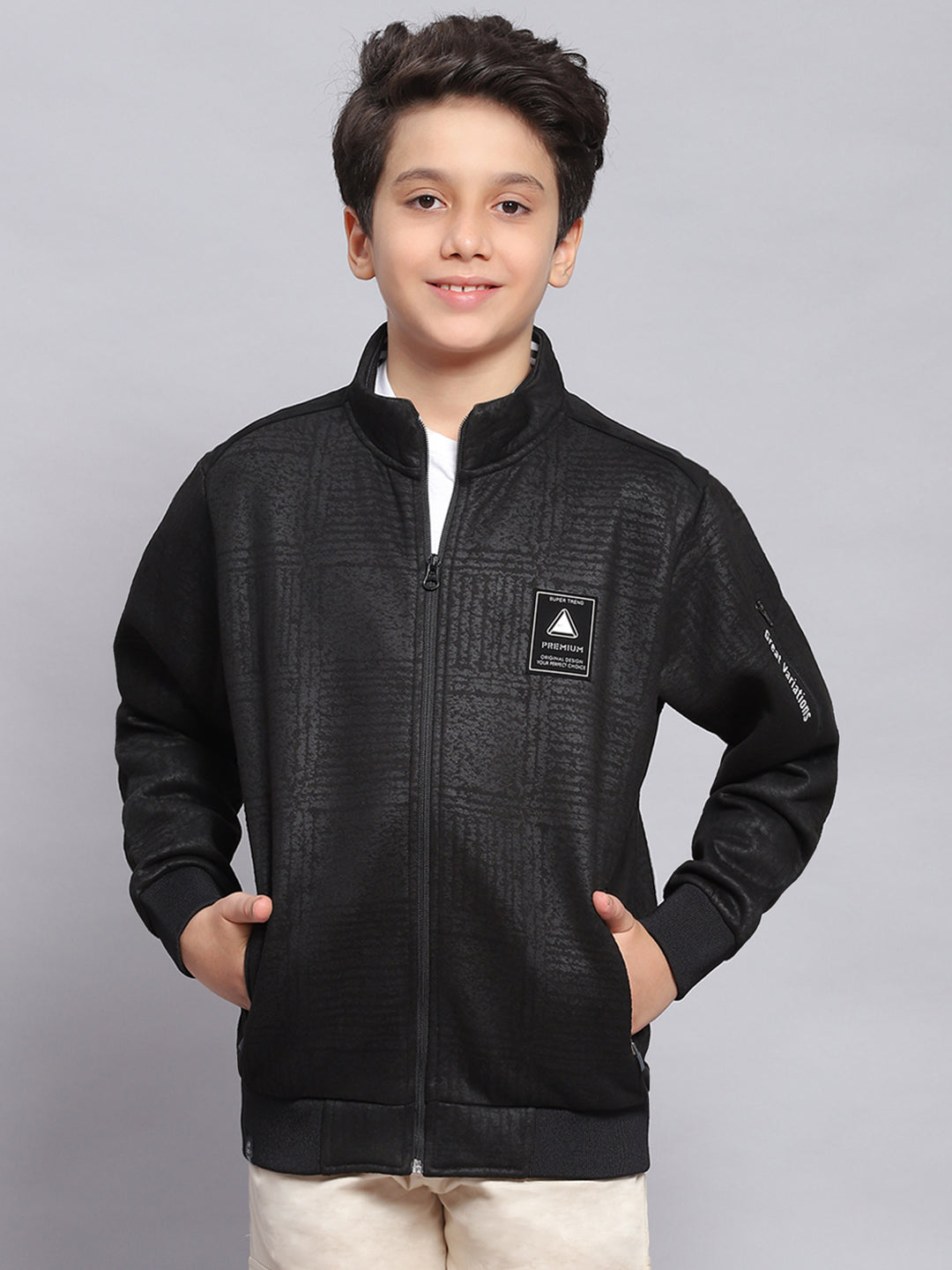 Boys Black Printed Stand Collar Full Sleeve Sweatshirt