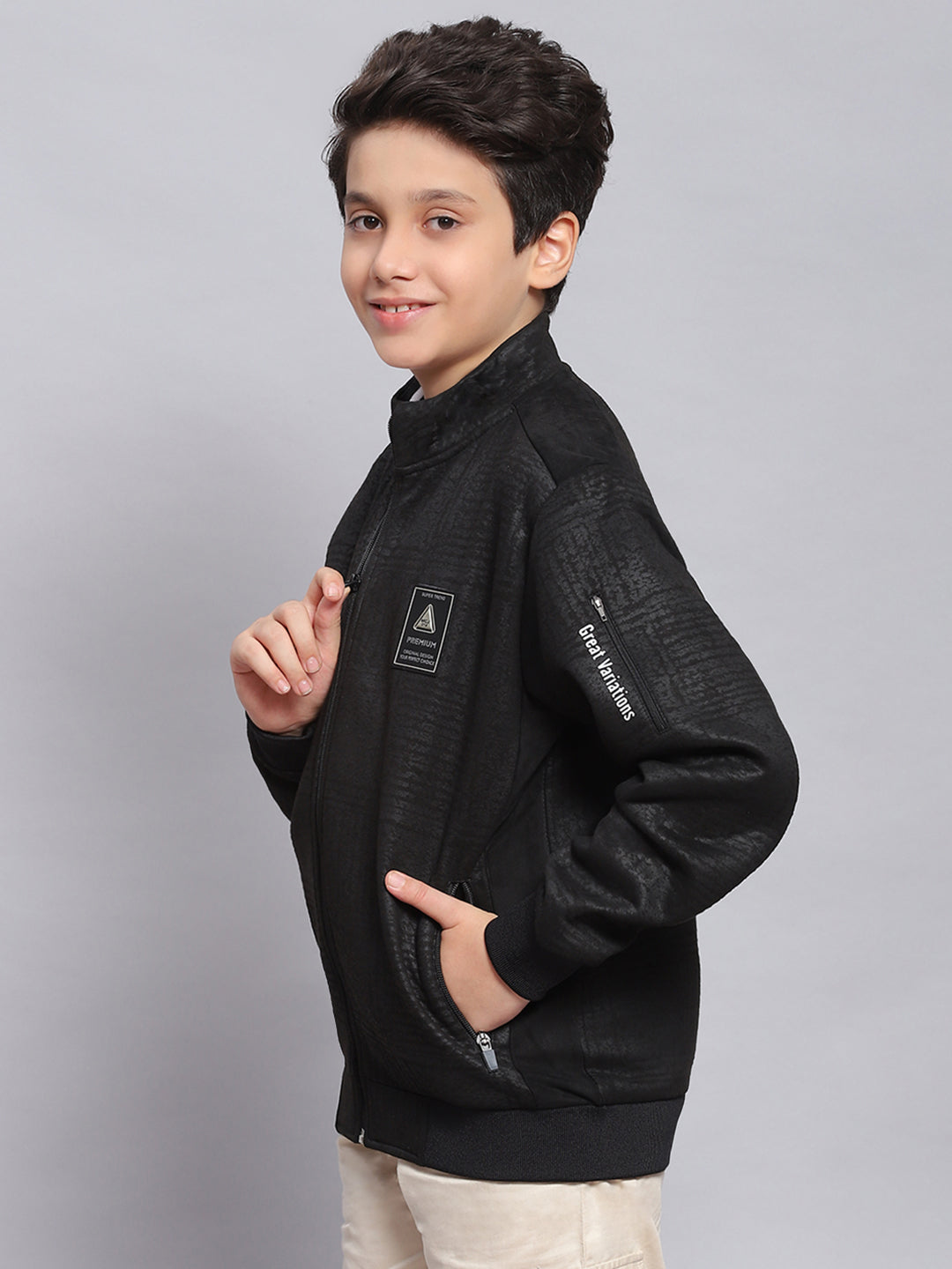 Boys Black Printed Stand Collar Full Sleeve Sweatshirt