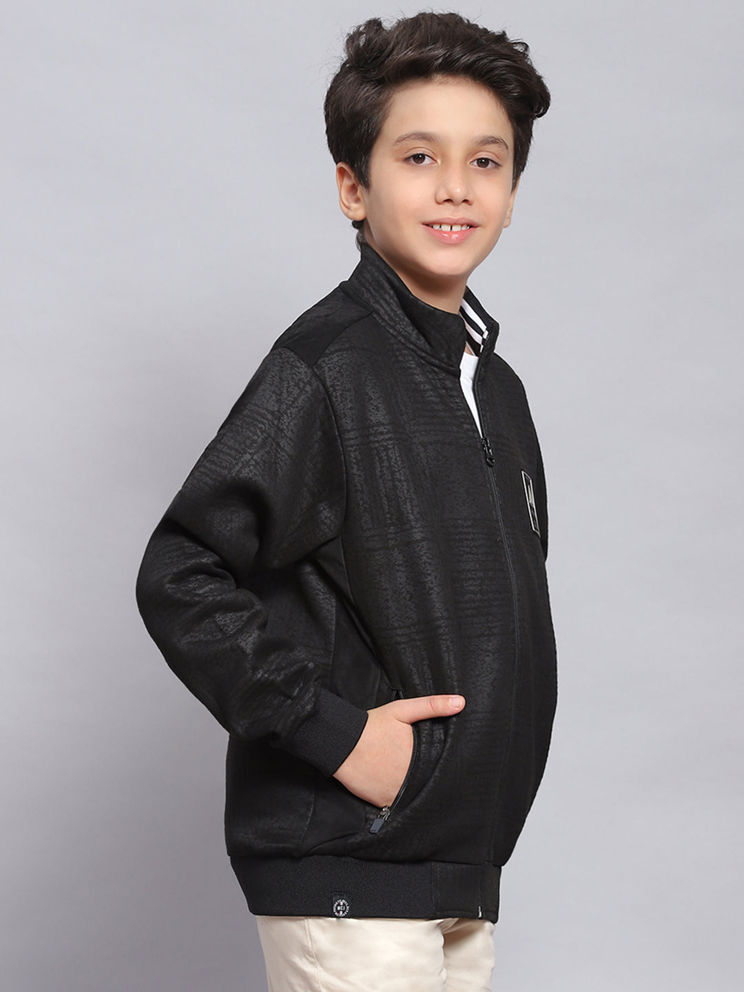 Boys Black Printed Stand Collar Full Sleeve Sweatshirt