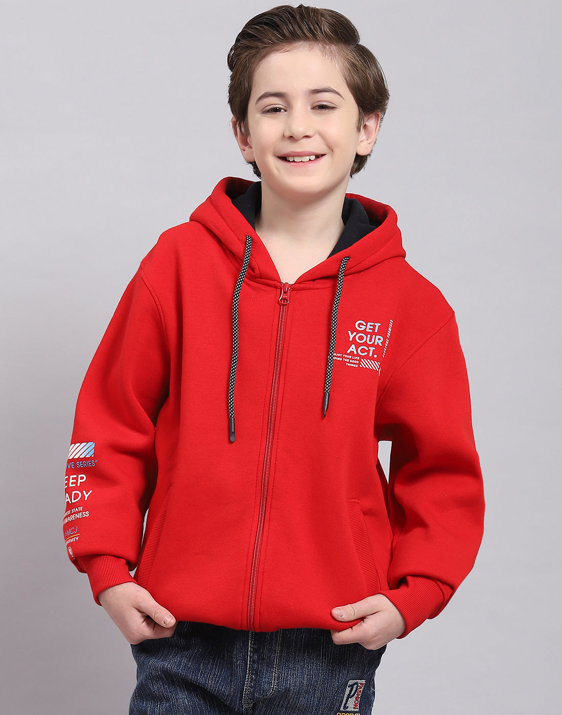 Boys Red Printed Hooded Full Sleeve Sweatshirt