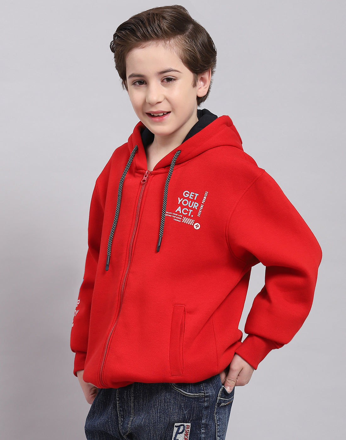 Boys Red Printed Hooded Full Sleeve Sweatshirt