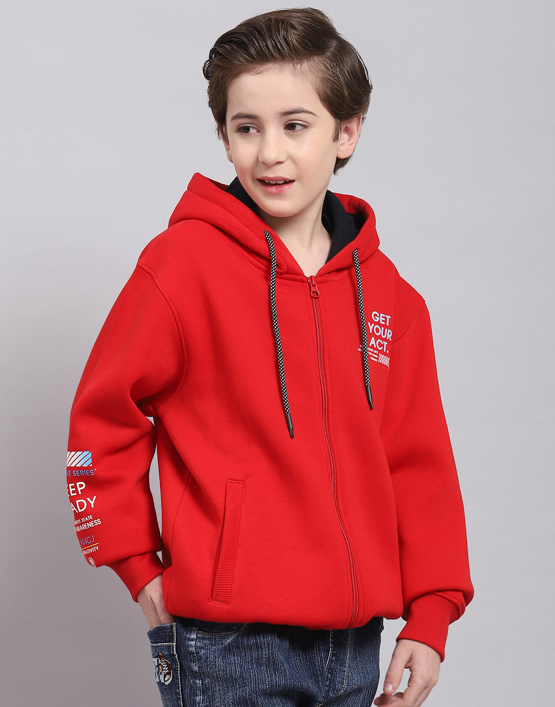 Boys Red Printed Hooded Full Sleeve Sweatshirt