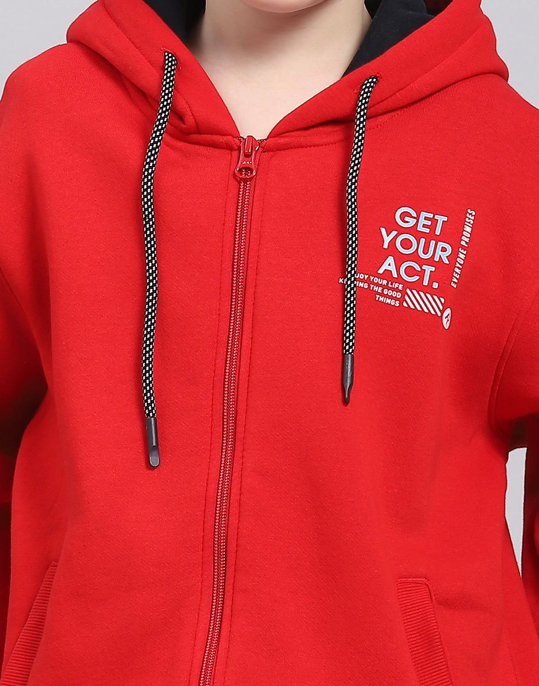 Boys Red Printed Hooded Full Sleeve Sweatshirt