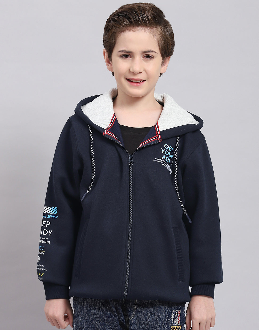Boys Navy Blue Printed Hooded Full Sleeve Sweatshirt