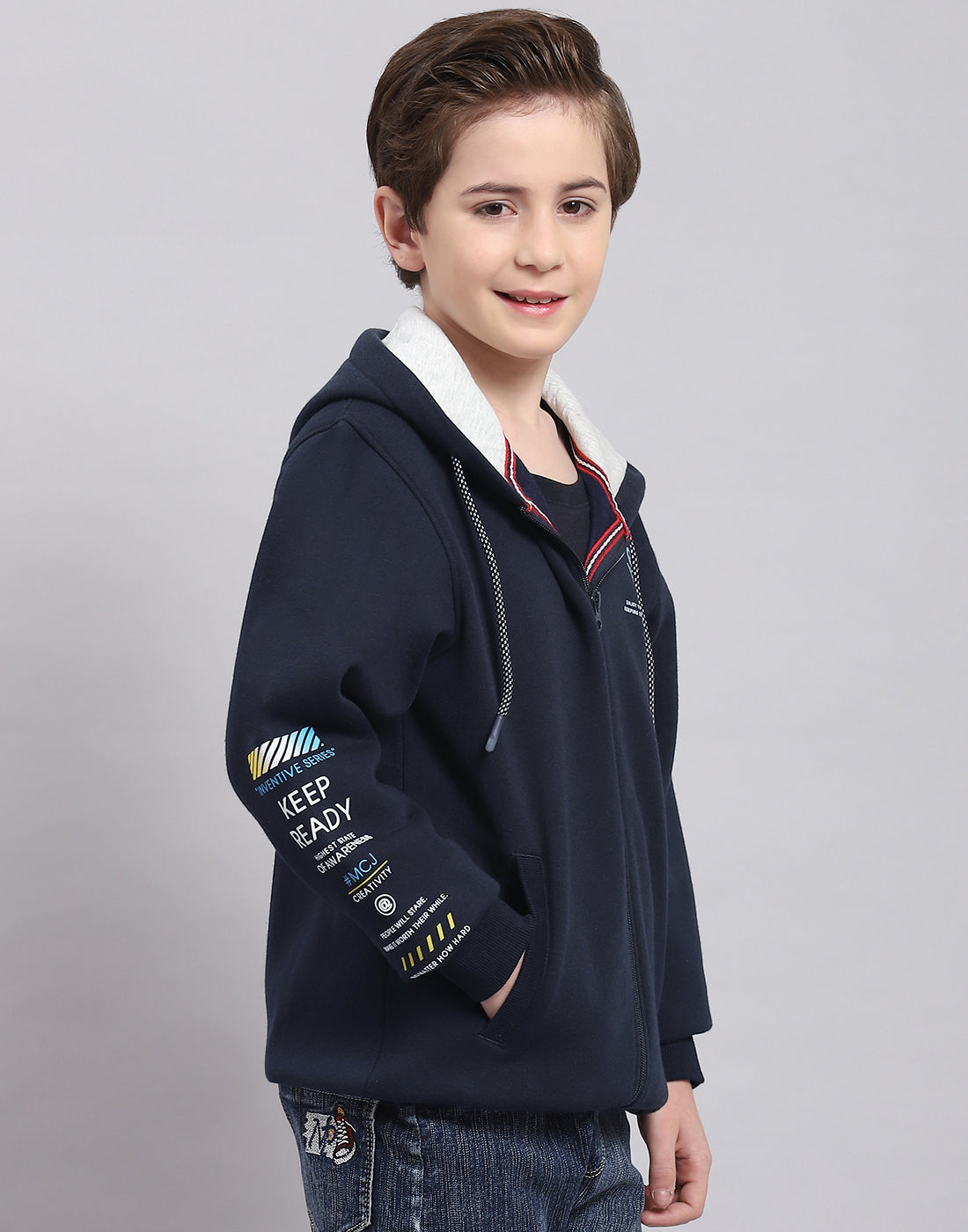 Boys Navy Blue Printed Hooded Full Sleeve Sweatshirt