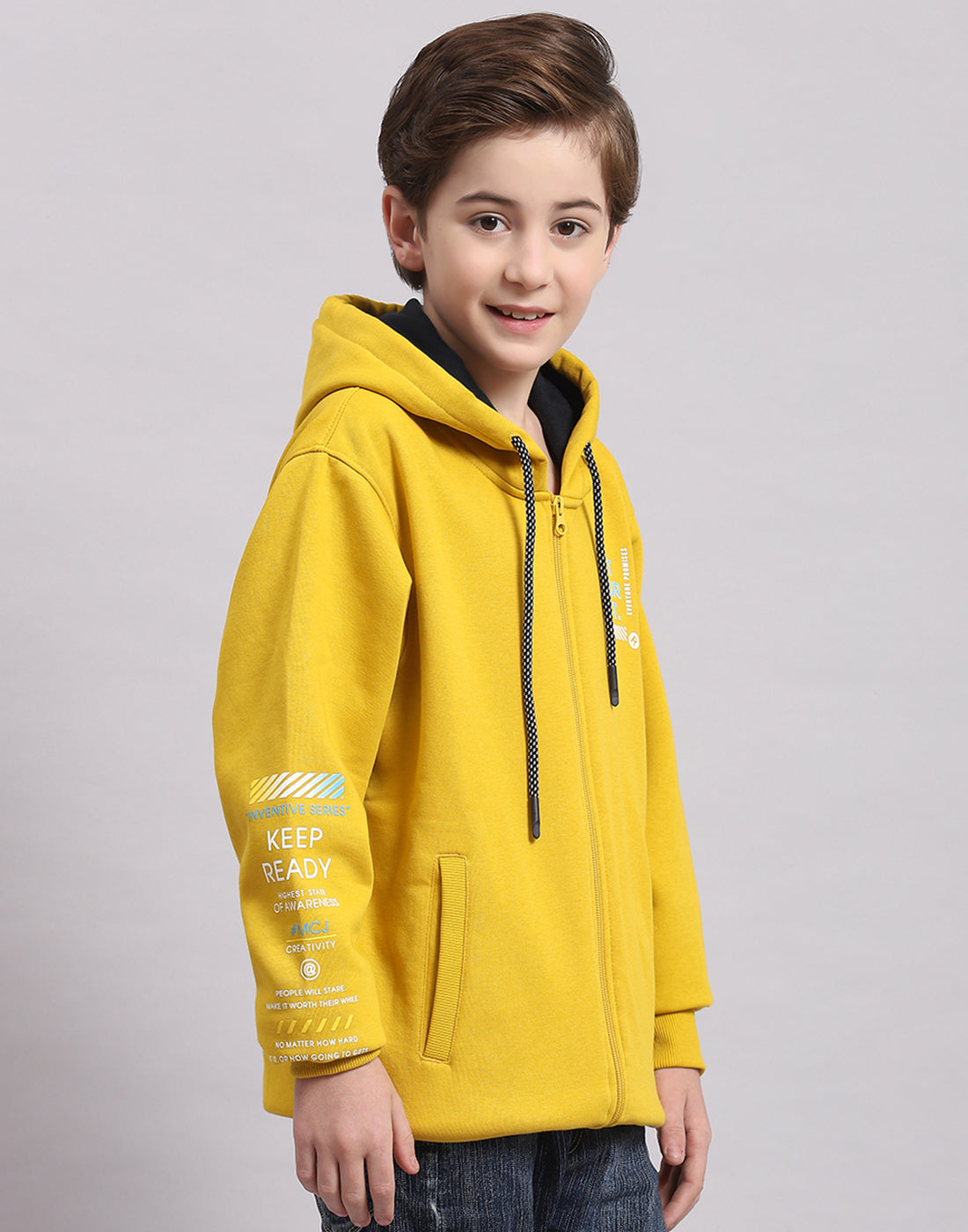 Boys Yellow Printed Hooded Full Sleeve Sweatshirt