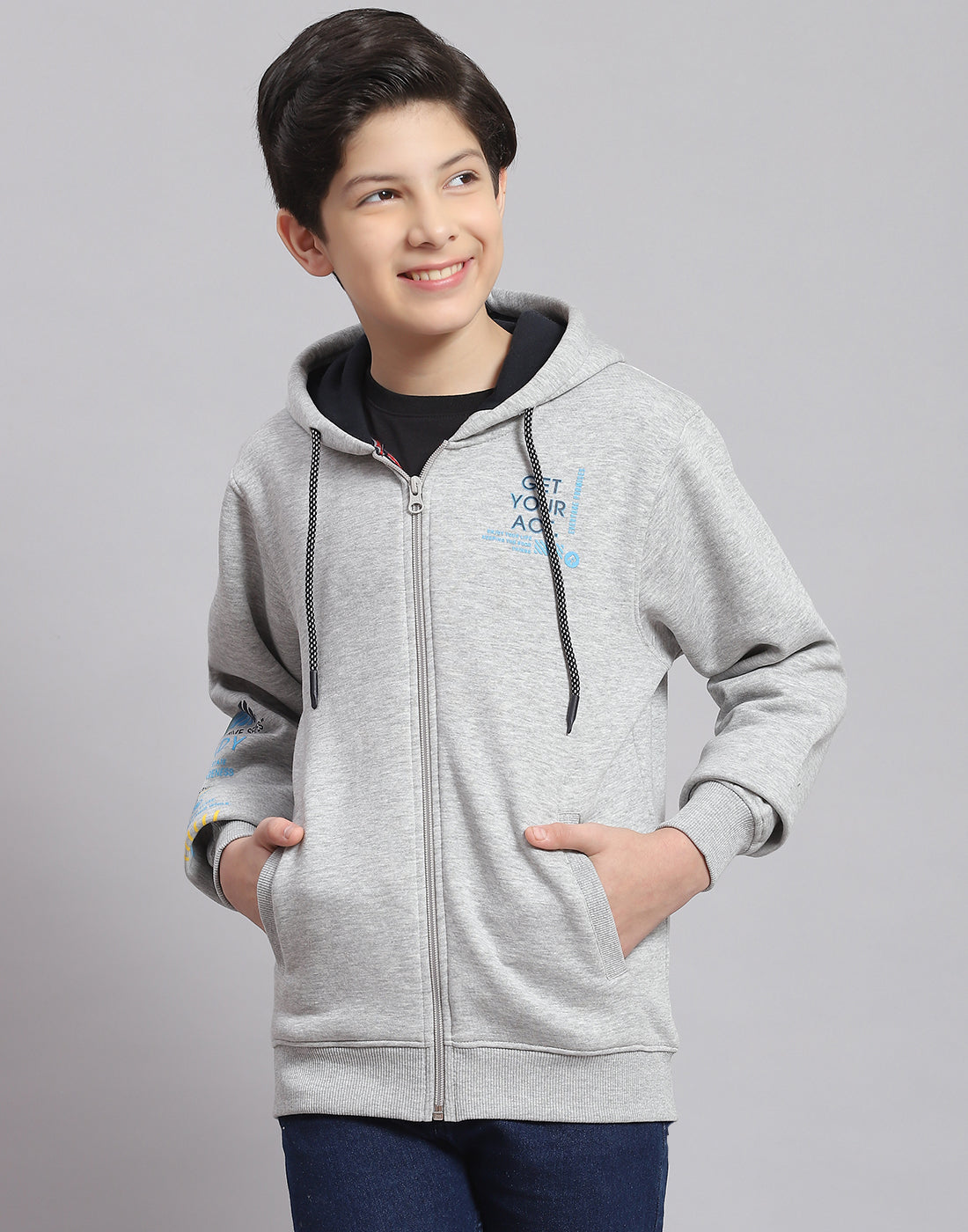 Boys Grey Melange Printed Hooded Full Sleeve Sweatshirt