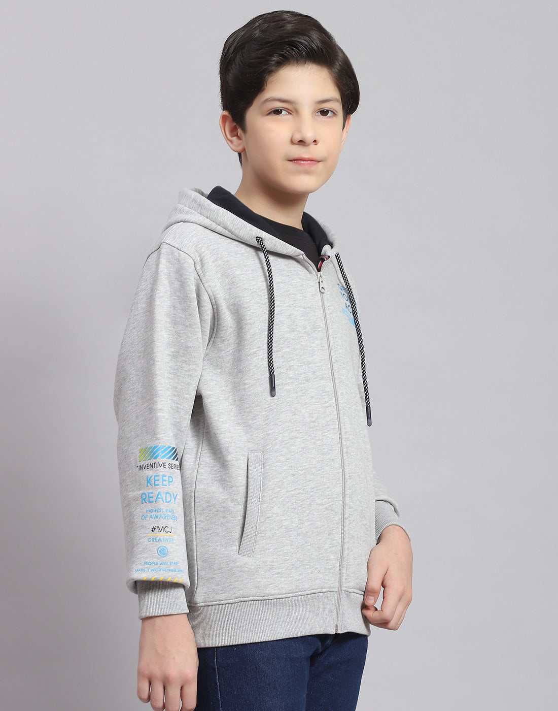 Boys Grey Melange Printed Hooded Full Sleeve Sweatshirt