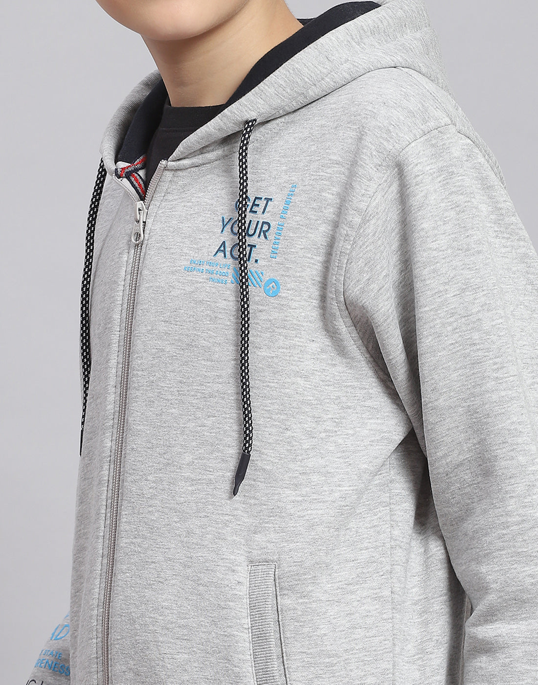 Boys Grey Melange Printed Hooded Full Sleeve Sweatshirt