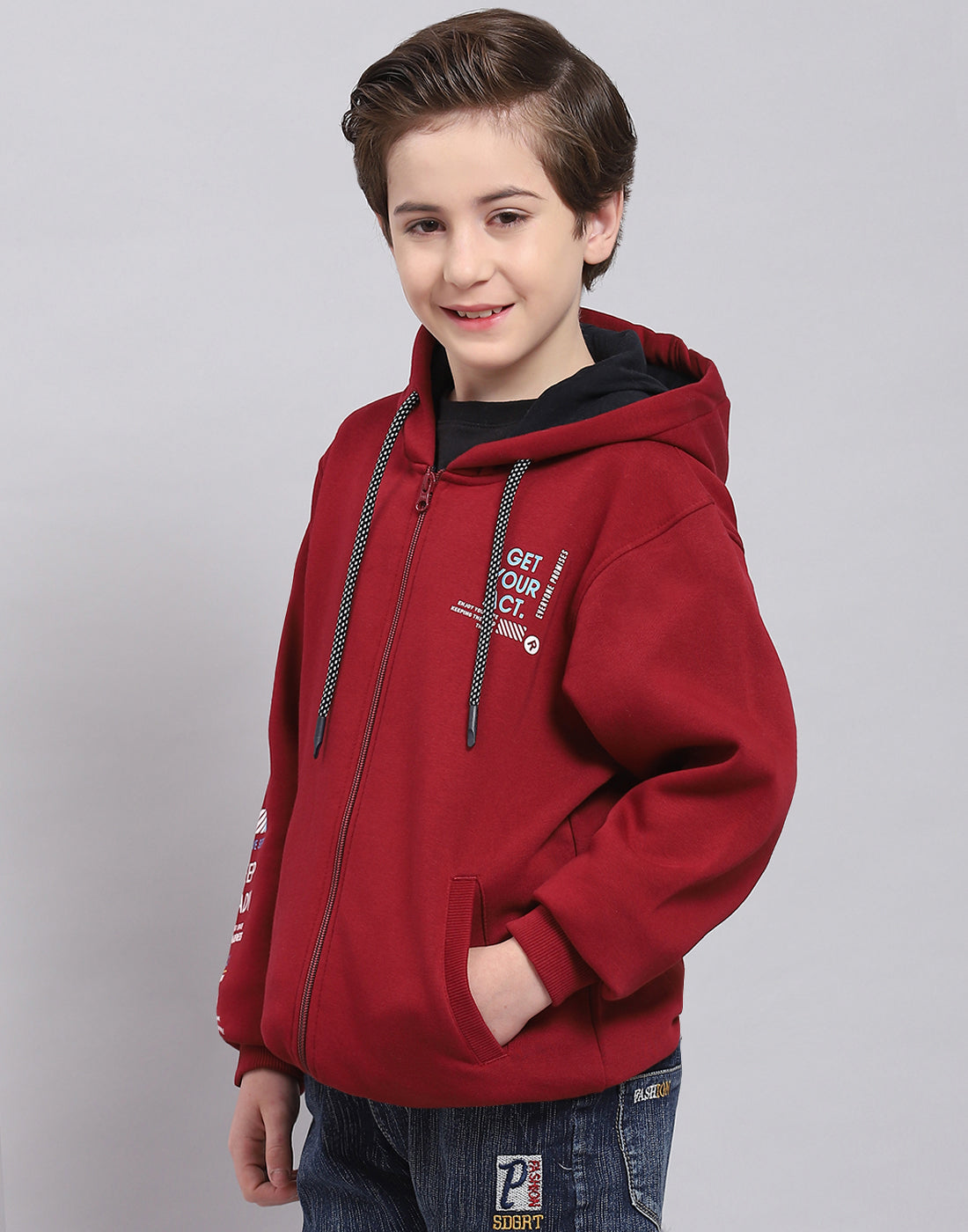 Boys Maroon Printed Hooded Full Sleeve Sweatshirt