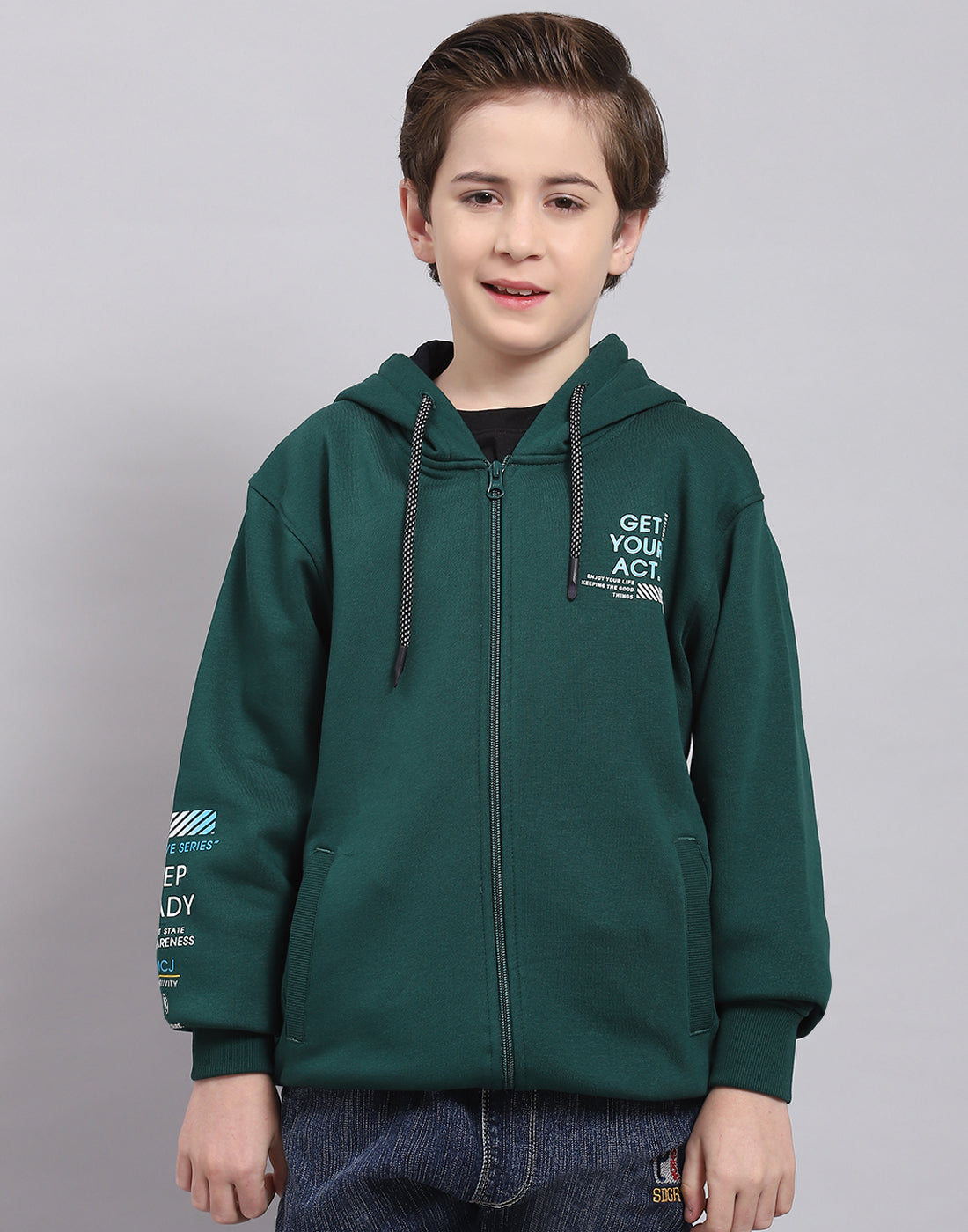 Boys Green Printed Hooded Full Sleeve Sweatshirt