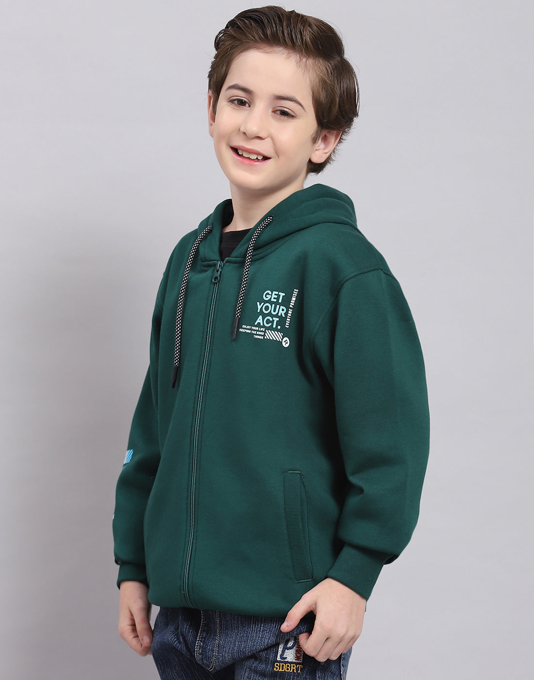 Boys Green Printed Hooded Full Sleeve Sweatshirt