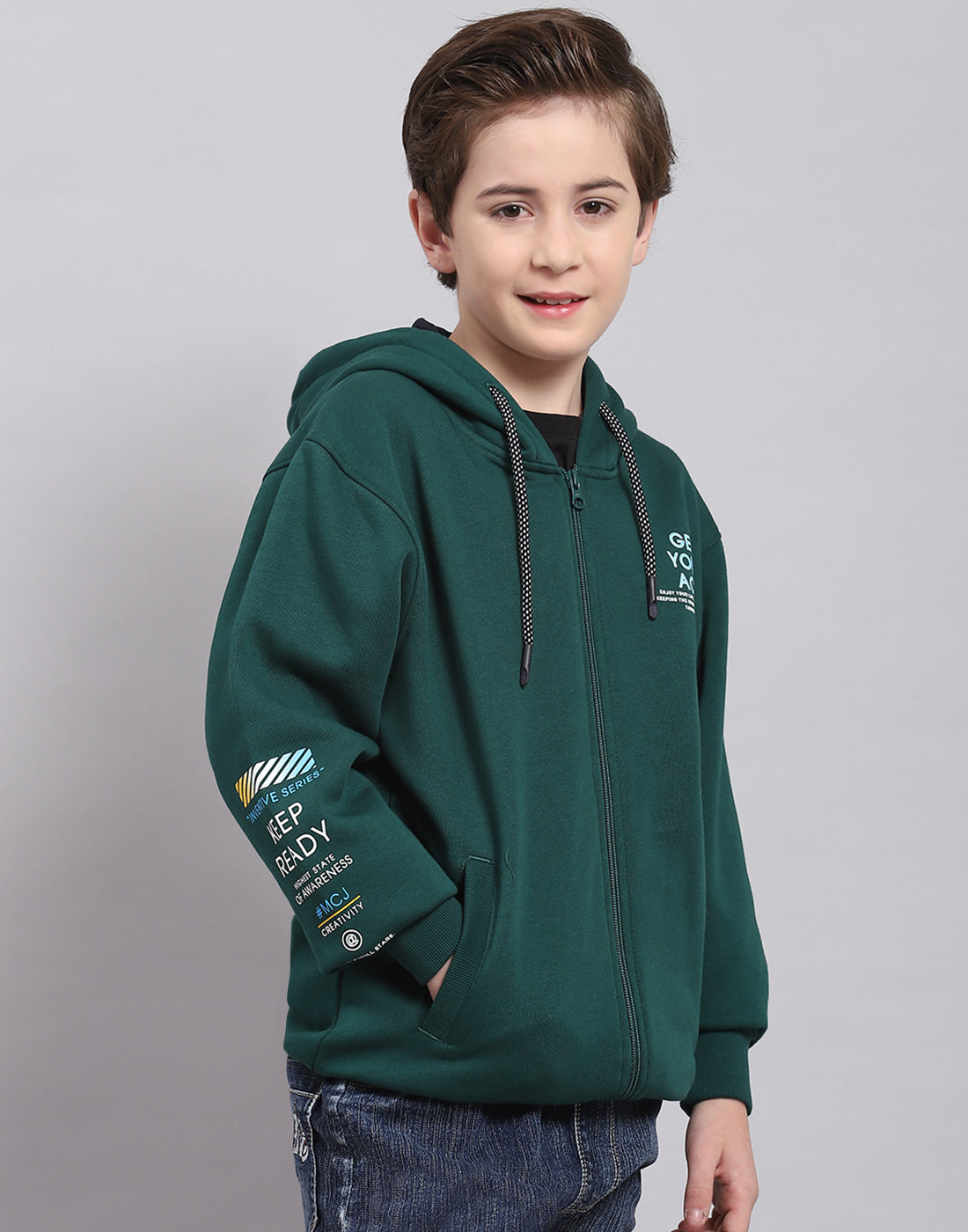 Boys Green Printed Hooded Full Sleeve Sweatshirt