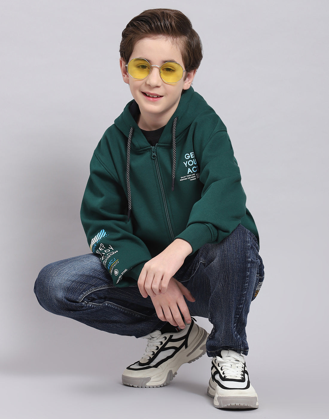 Boys Green Printed Hooded Full Sleeve Sweatshirt