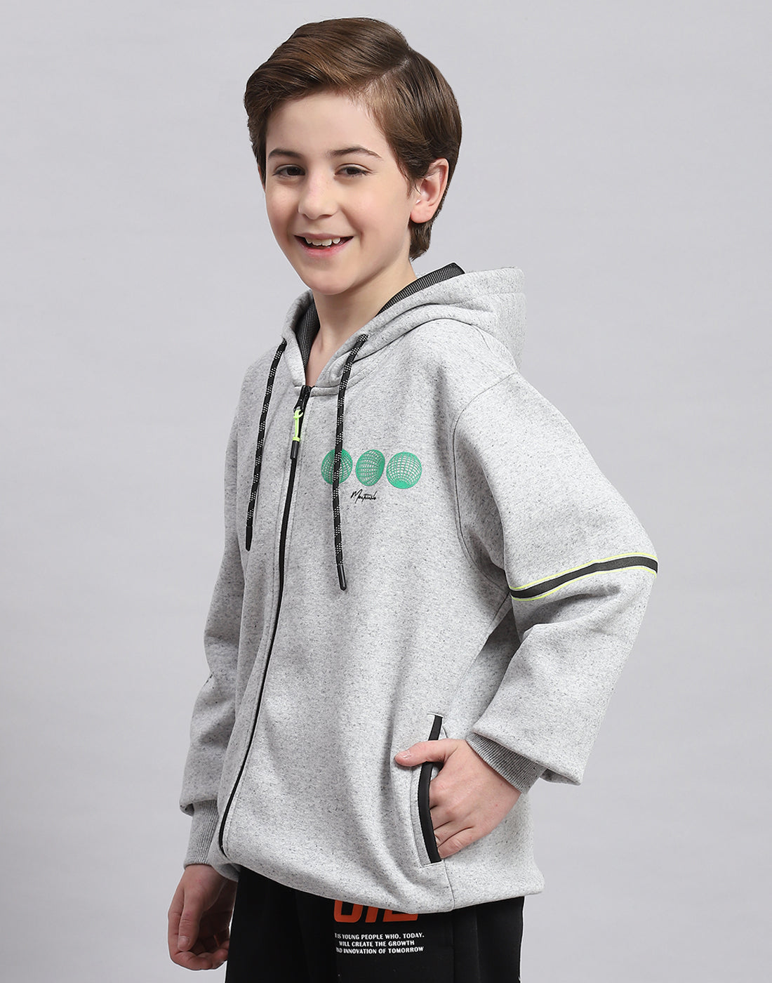 Boys Grey Melange Printed Hooded Full Sleeve Sweatshirt