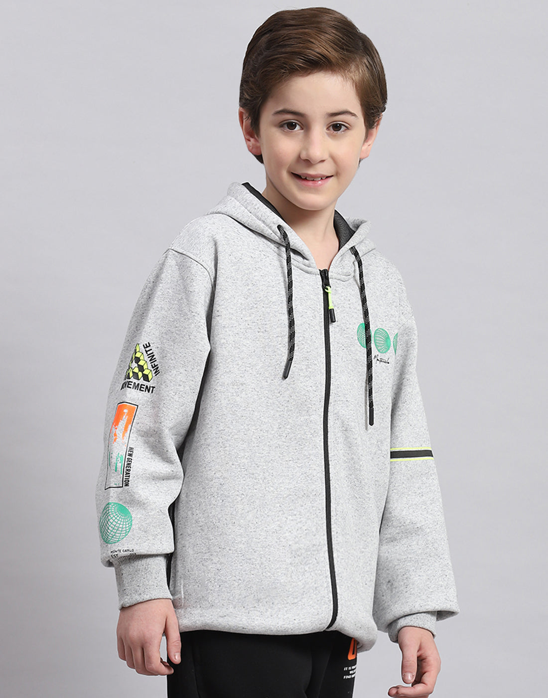 Boys Grey Melange Printed Hooded Full Sleeve Sweatshirt