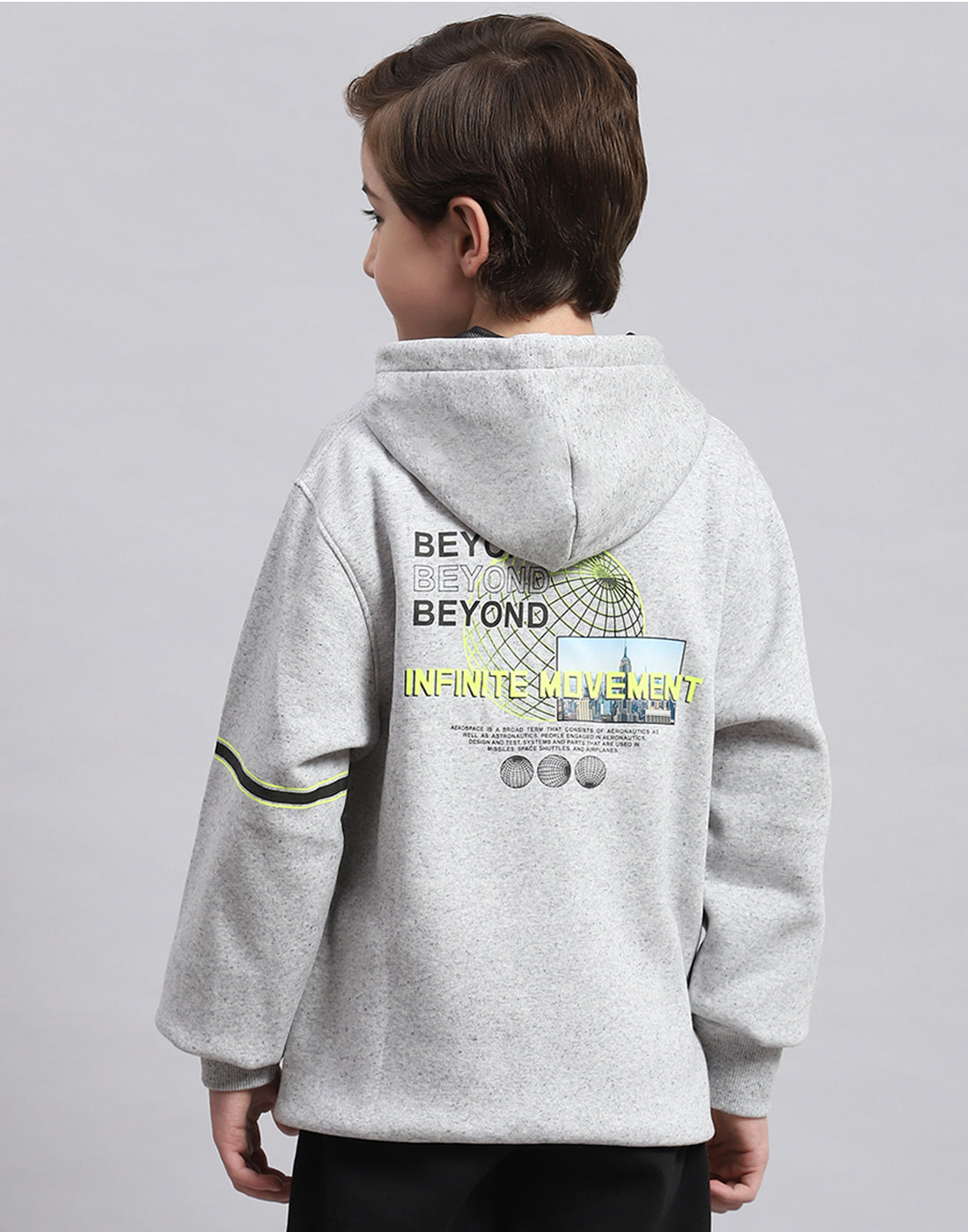 Boys Grey Melange Printed Hooded Full Sleeve Sweatshirt