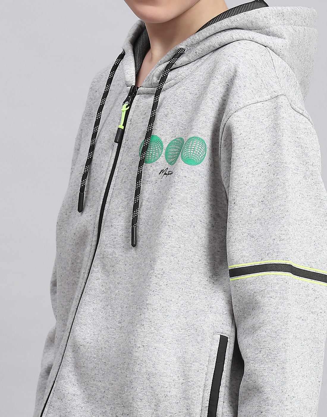 Boys Grey Melange Printed Hooded Full Sleeve Sweatshirt