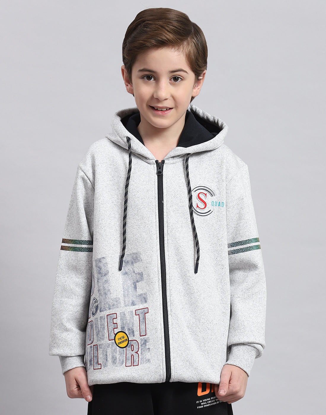 Boys Grey Melange Printed Hooded Full Sleeve Sweatshirt